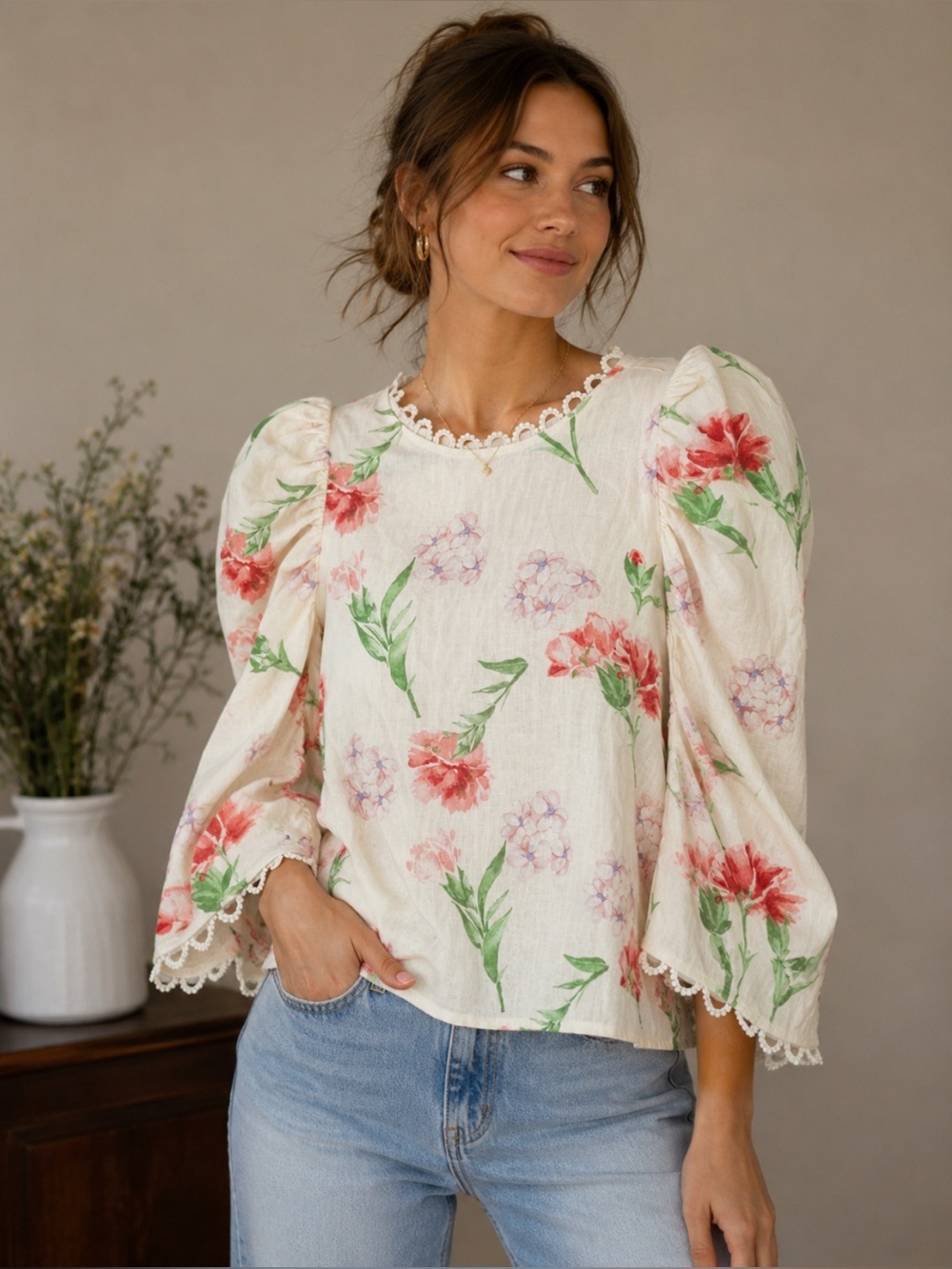 Laura Ashley Floral Puff-Sleeve Linen Blend Peasant Top - Size-Large Cottagecore